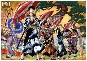 One Piece color artwork by Eiichiro Oda, part of the Art of Manga exhibition at the Brooklyn Museum