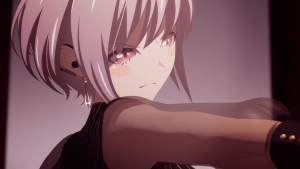 Still from the Ave Mujica prima aurora second trailer showing a pink-haired band member reaching toward the camera