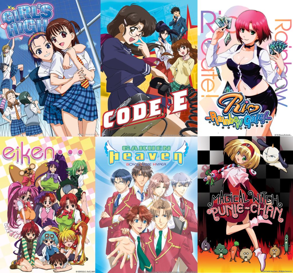 Collage of six Media Blasters titles coming to OceanVeil: Girl's High, CODE-E, Rio Rainbow Gate, Eiken, Gakuen Heaven and Magical Witch Punie-chan
