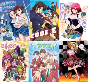 Collage of six Media Blasters titles coming to OceanVeil: Girl's High, CODE-E, Rio Rainbow Gate, Eiken, Gakuen Heaven and Magical Witch Punie-chan